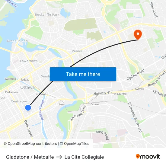 Gladstone / Metcalfe to La Cite Collegiale map