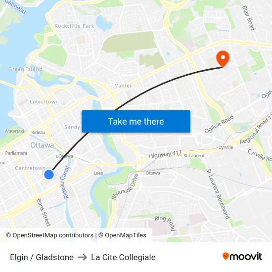 Elgin / Gladstone to La Cite Collegiale map