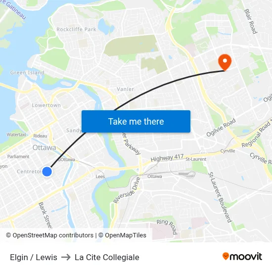 Elgin / Lewis to La Cite Collegiale map