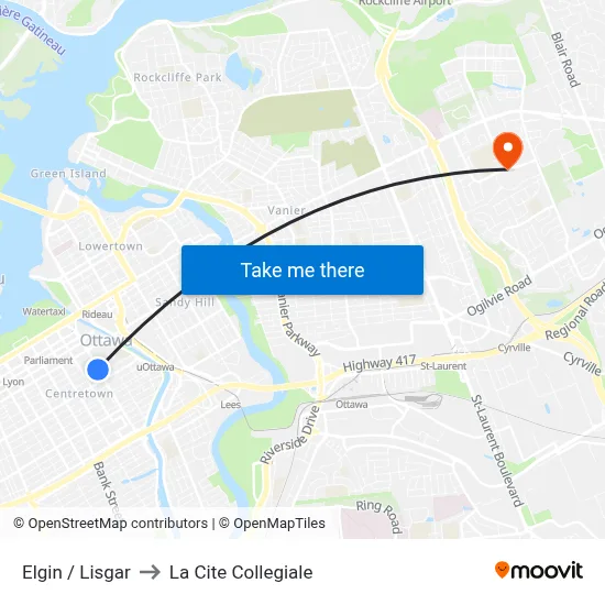 Elgin / Lisgar to La Cite Collegiale map