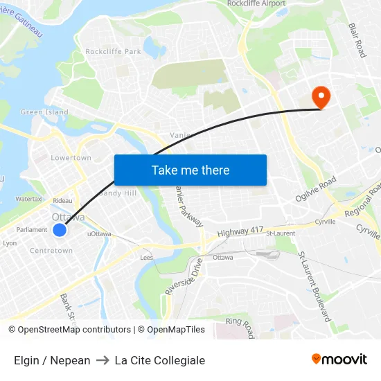 Elgin / Nepean to La Cite Collegiale map