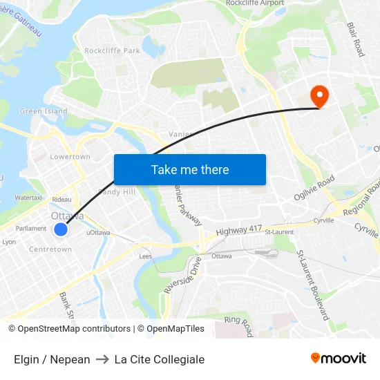 Elgin / Nepean to La Cite Collegiale map