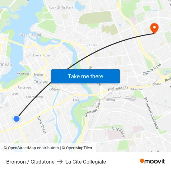 Bronson / Gladstone to La Cite Collegiale map
