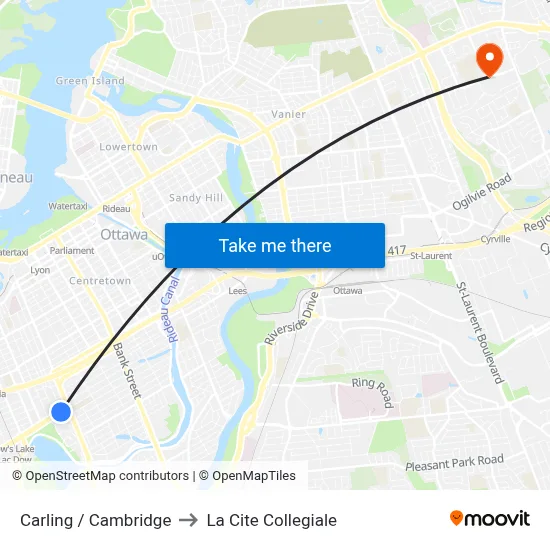 Carling / Cambridge to La Cite Collegiale map