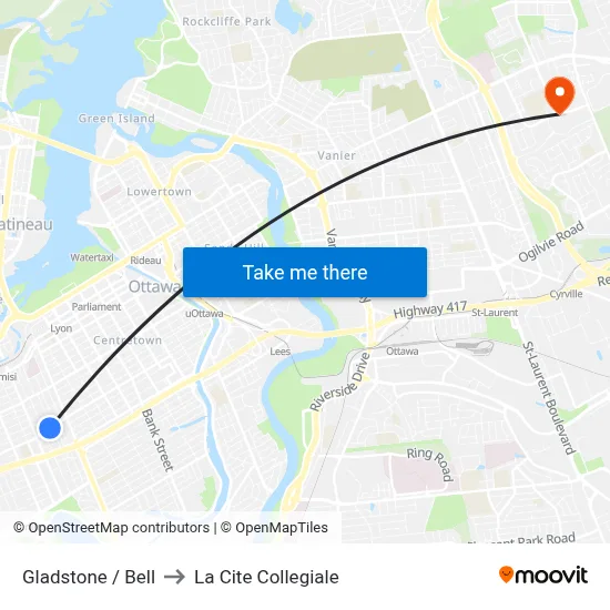 Gladstone / Bell to La Cite Collegiale map