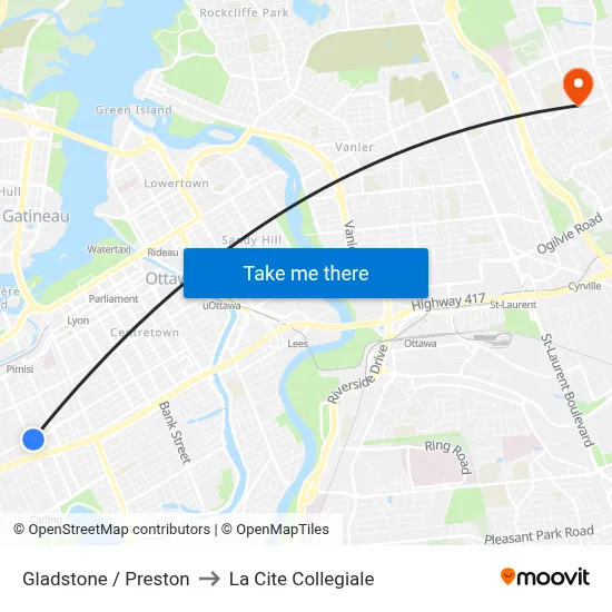 Gladstone / Preston to La Cite Collegiale map