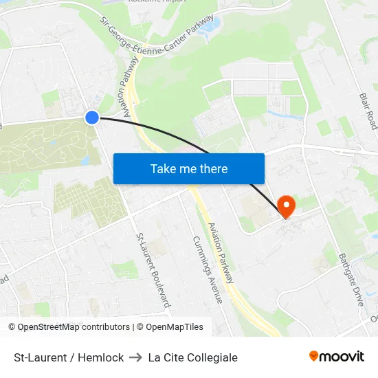 St-Laurent / Hemlock to La Cite Collegiale map