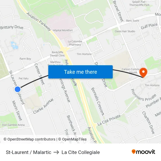 St-Laurent / Malartic to La Cite Collegiale map