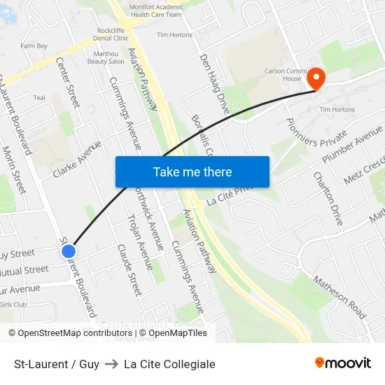 St-Laurent / Guy to La Cite Collegiale map
