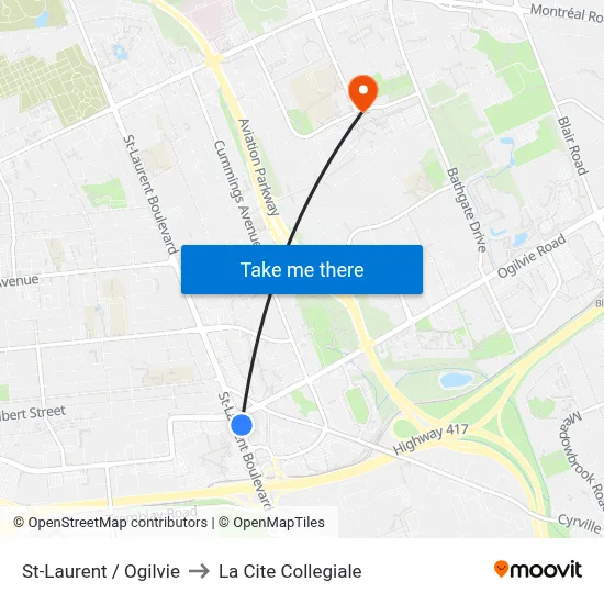 St-Laurent / Ogilvie to La Cite Collegiale map