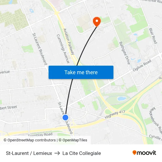 St-Laurent / Lemieux to La Cite Collegiale map