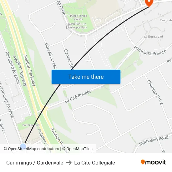 Cummings / Gardenvale to La Cite Collegiale map