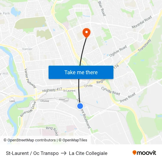 St-Laurent / Oc Transpo to La Cite Collegiale map