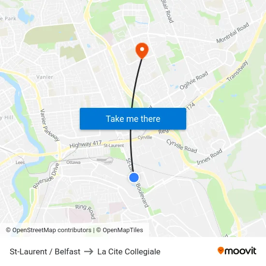 St-Laurent / Belfast to La Cite Collegiale map
