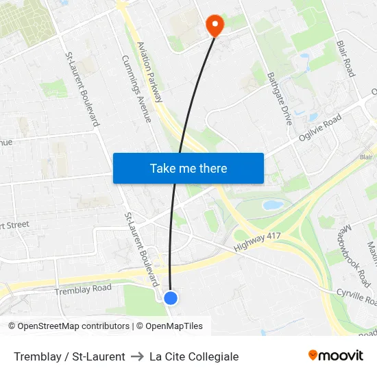 Tremblay / St-Laurent to La Cite Collegiale map
