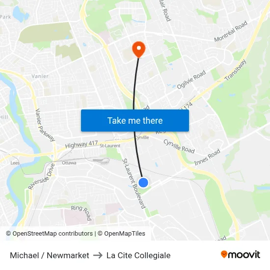 Michael / Newmarket to La Cite Collegiale map