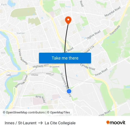 Innes / St-Laurent to La Cite Collegiale map