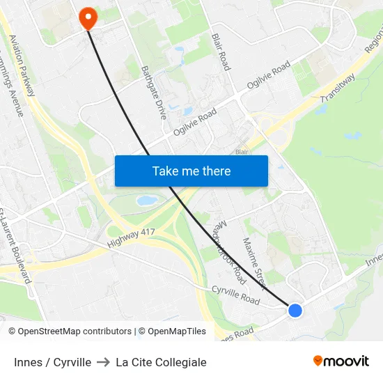 Innes / Cyrville to La Cite Collegiale map
