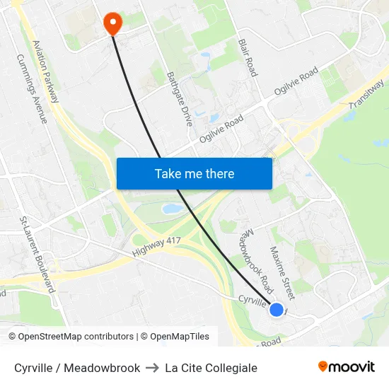 Cyrville / Meadowbrook to La Cite Collegiale map