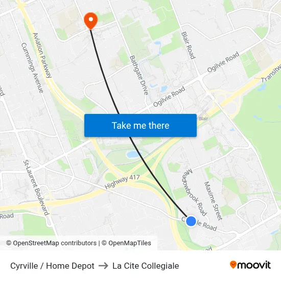 Cyrville / Home Depot to La Cite Collegiale map