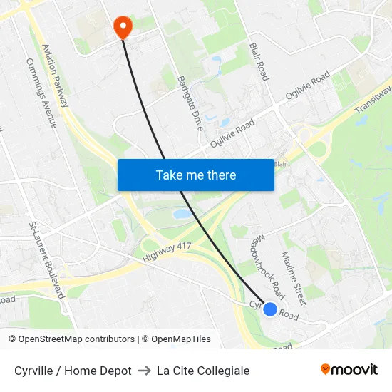 Cyrville / Home Depot to La Cite Collegiale map