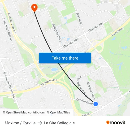 Maxime / Cyrville to La Cite Collegiale map