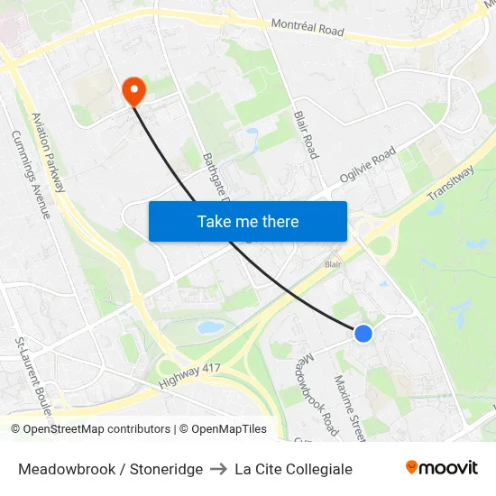 Meadowbrook / Stoneridge to La Cite Collegiale map