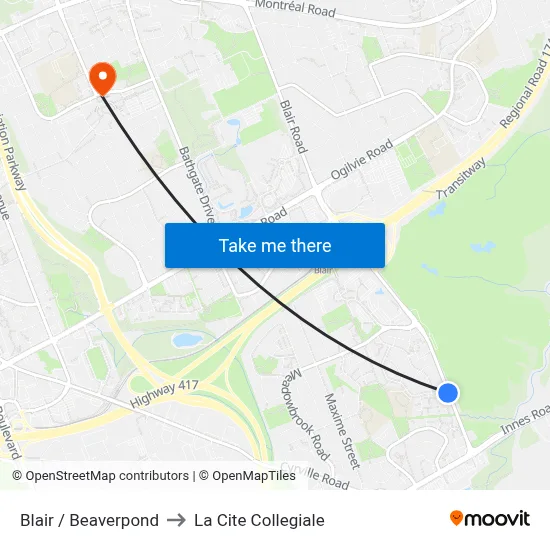 Blair / Beaverpond to La Cite Collegiale map