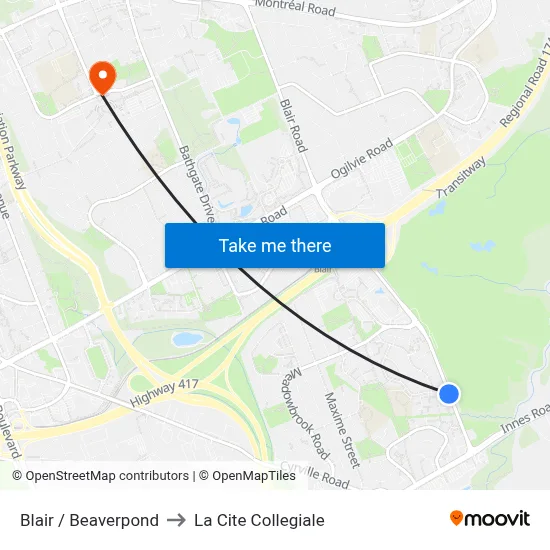 Blair / Beaverpond to La Cite Collegiale map