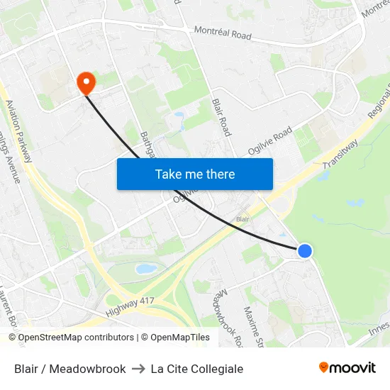 Blair / Meadowbrook to La Cite Collegiale map