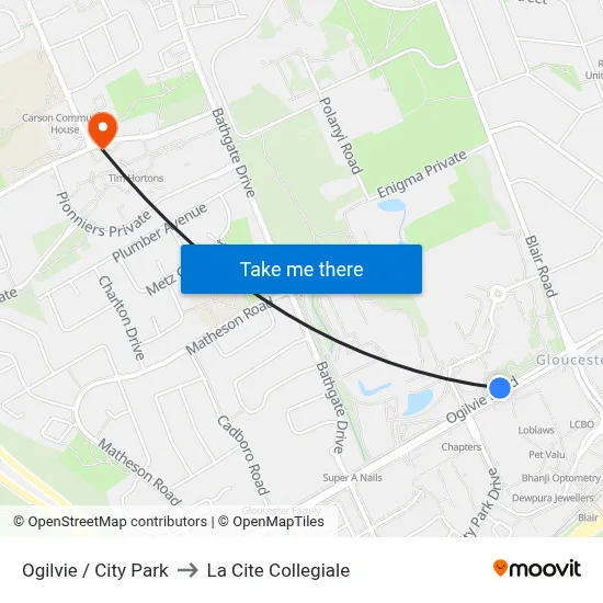 Ogilvie / City Park to La Cite Collegiale map