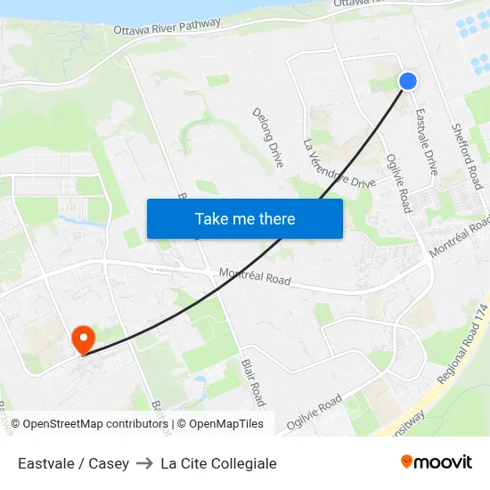 Eastvale / Casey to La Cite Collegiale map