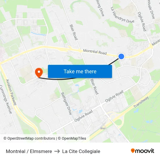Montréal / Elmsmere to La Cite Collegiale map