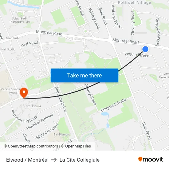 Elwood / Montréal to La Cite Collegiale map