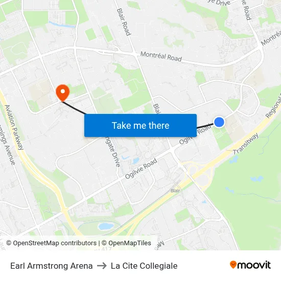 Earl Armstrong Arena to La Cite Collegiale map