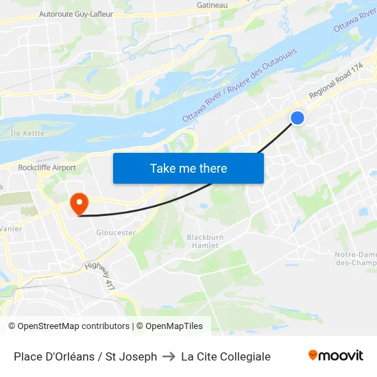 Place D'Orléans / St Joseph to La Cite Collegiale map