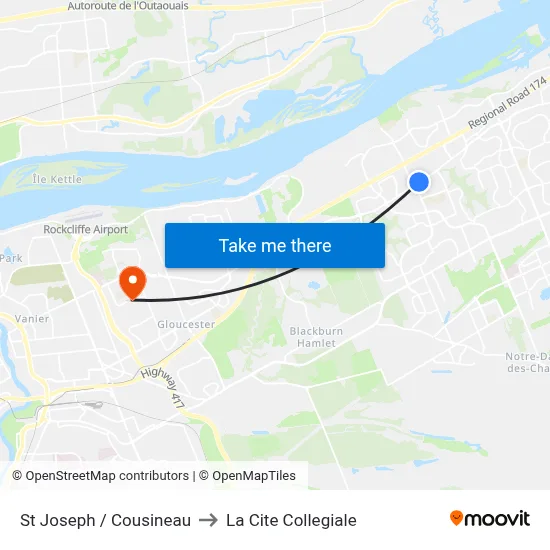 St Joseph / Cousineau to La Cite Collegiale map