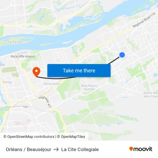 Orléans / Beauséjour to La Cite Collegiale map