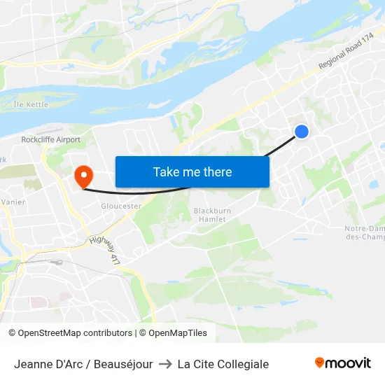 Jeanne D'Arc / Beauséjour to La Cite Collegiale map