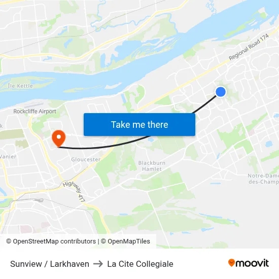 Sunview / Larkhaven to La Cite Collegiale map