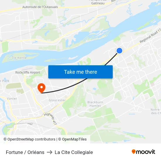 Fortune / Orléans to La Cite Collegiale map