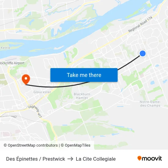 Des Épinettes / Prestwick to La Cite Collegiale map