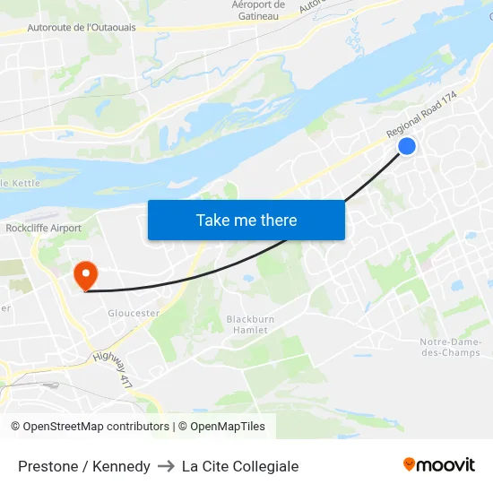 Prestone / Kennedy to La Cite Collegiale map
