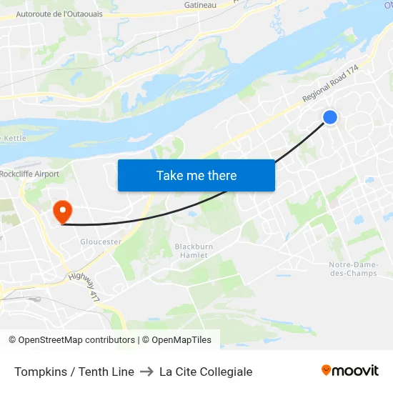 Tompkins / Tenth Line to La Cite Collegiale map
