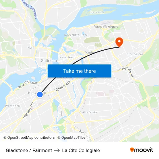 Gladstone / Fairmont to La Cite Collegiale map
