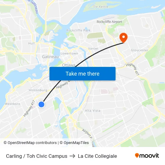 Carling / Toh Civic Campus to La Cite Collegiale map