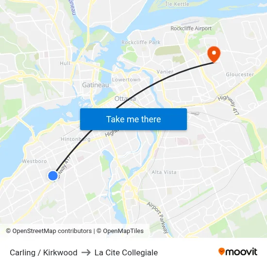 Carling / Kirkwood to La Cite Collegiale map