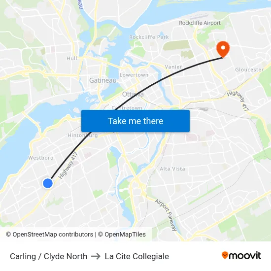 Carling / Clyde North to La Cite Collegiale map