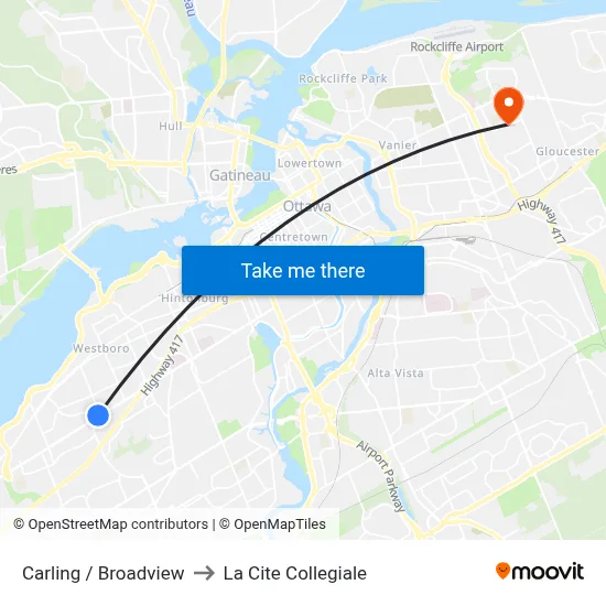 Carling / Broadview to La Cite Collegiale map