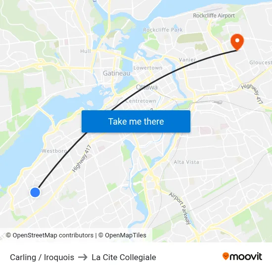 Carling / Iroquois to La Cite Collegiale map